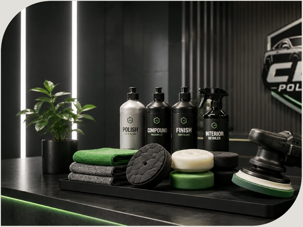 Polishing pads, compounds, microfiber towels, and a dual-action polisher