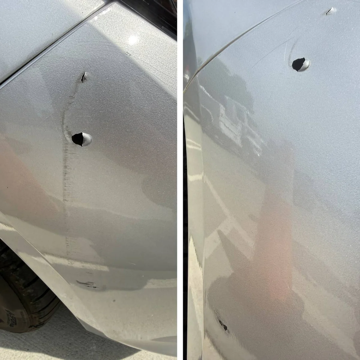 Small holes in a painted panel before and after repair