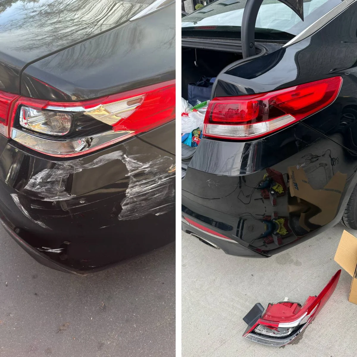 Rear bumper and taillight damage before and after repair