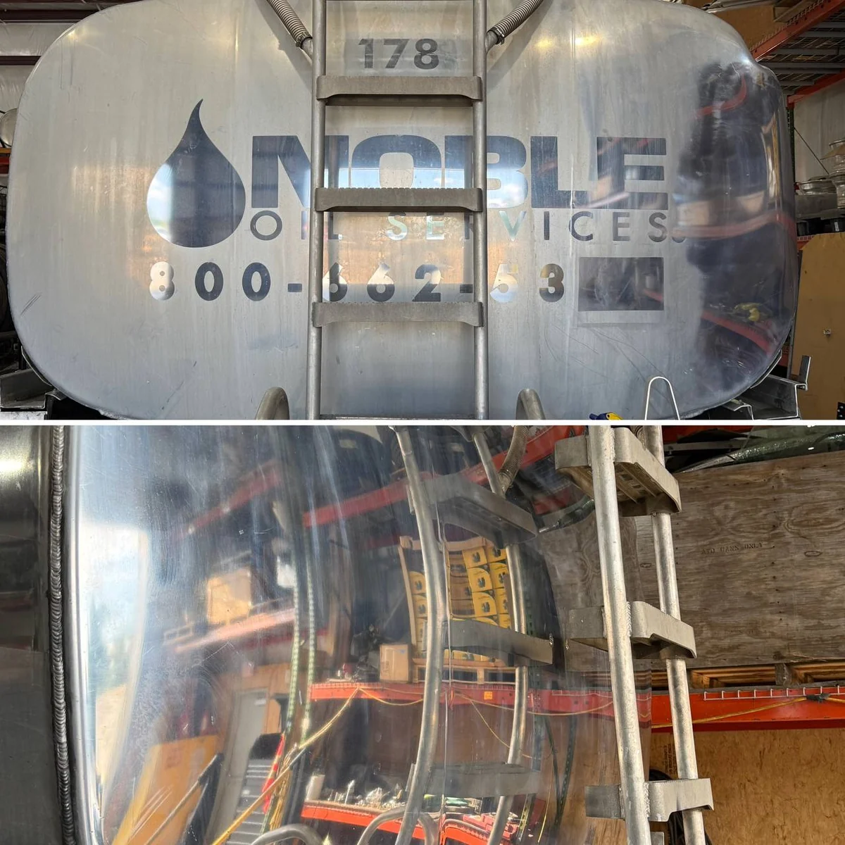 Commercial tanker before and after decal removal and polishing